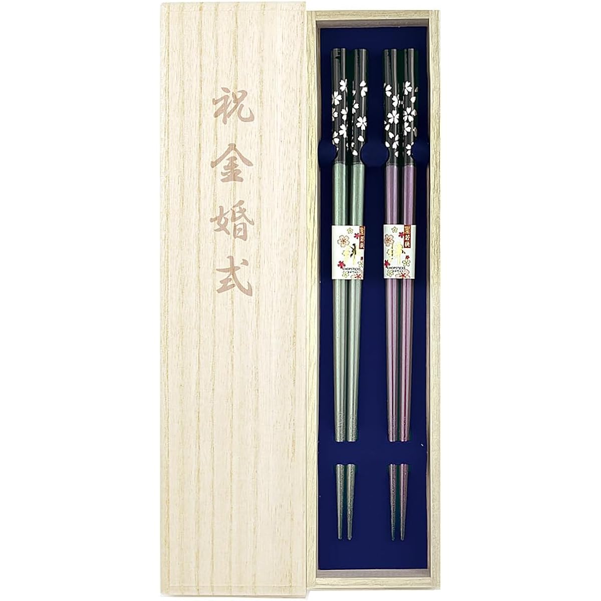 Married Couple Chopsticks Dish Washing Ginmaizakura Green Purple Unisex Size Paulownia Box and Wrapping Included Golden Wedding Anniversary Present Gift Celebration [60]