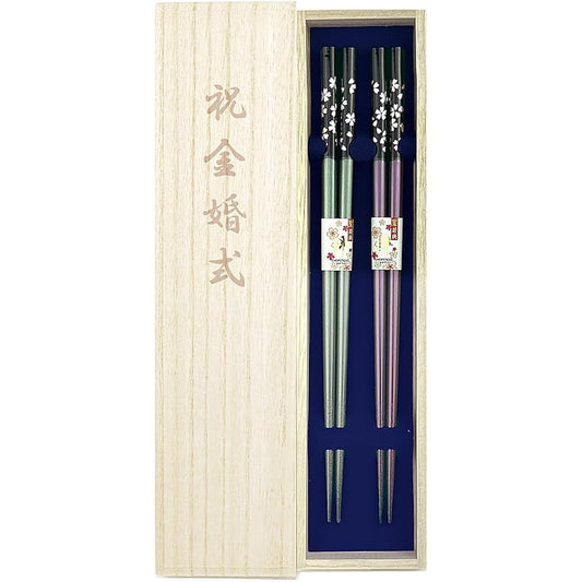 Married Couple Chopsticks Dish Washing Ginmaizakura Green Purple Unisex Size Paulownia Box and Wrapping Included Golden Wedding Anniversary Present Gift Celebration [60]