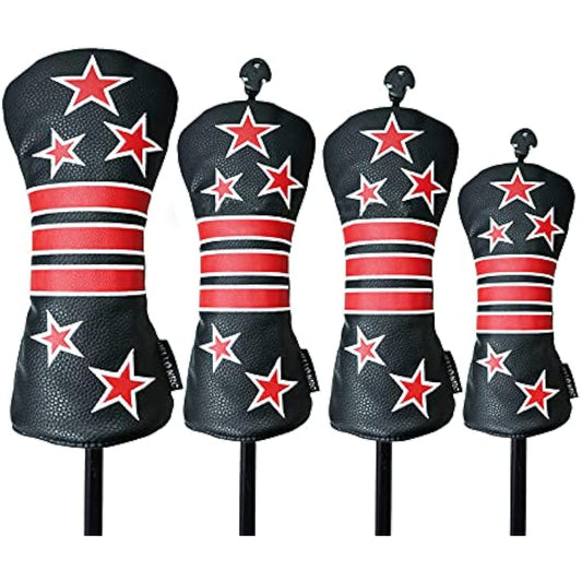 Golf head cover, driver cover, wood cover, utility cover, UT cover, 4-piece set, star, black, white, waterproof, conversion tag included