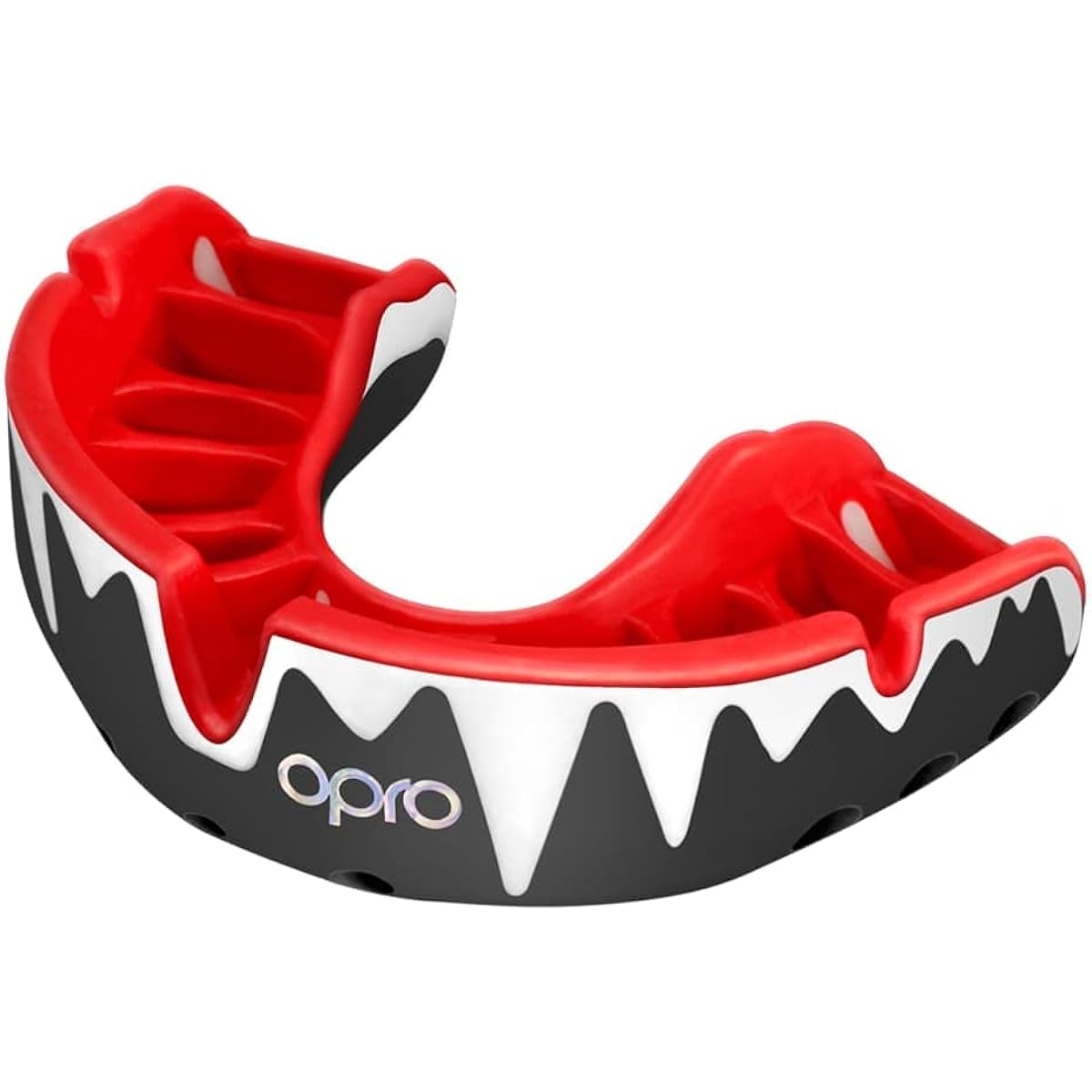 OPRO Mouthguard [Self-Fit/Platinum Level] Sports Mouthpiece Made in England [Official Store] (For Adults, Fangz/Black, White & Red)