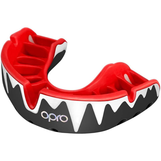 OPRO Mouthguard [Self-Fit/Platinum Level] Sports Mouthpiece Made in England [Official Store] (For Adults, Fangz/Black, White & Red)