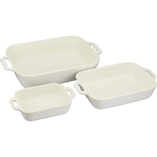 Staub "Rectangular Dish (14 x 11/20 x 16/27 x 20 cm) 3P Set Ivory" Ceramic Set Gratin Dish Oven Microwave Safe [Authorized Japanese Product] Dish 40508-165