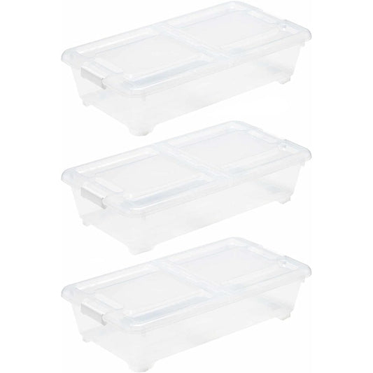 SANKA ABSB-75SWH-3 Storage Box Fits Perfectly Under The Bed Height Smoke White, Set of 3, Split Type Lid, Easy to Take Out, Lockable in 2 Levels When Opened, Stackable, (W x D x H): 15.7 x 29.5 x 7.1