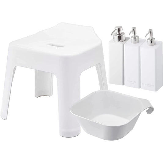 Yamazaki Jitsugyo Hanging Bath Chair, Seat Height 30cm + Magnet & Hanging Bathtub + Magnetic Dispenser Bottle Set of 3 Foam Type & Normal Type [Set of 5] Tower White 5526 5378 5210 4258 4260