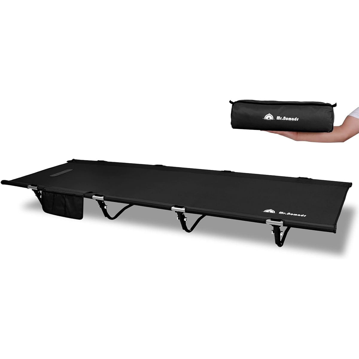 [MR. NOMADS] Load Capacity 160KG Wide High Strength/Lightweight Bag-in-Bed Easy Installation Folding Outdoor Bed Top Strength 600D Fabric Camping Cot with Storage Case Suitable for Napping, Camping, Outdoor Use, and Touring Quiet Design (Black Leg Pole)