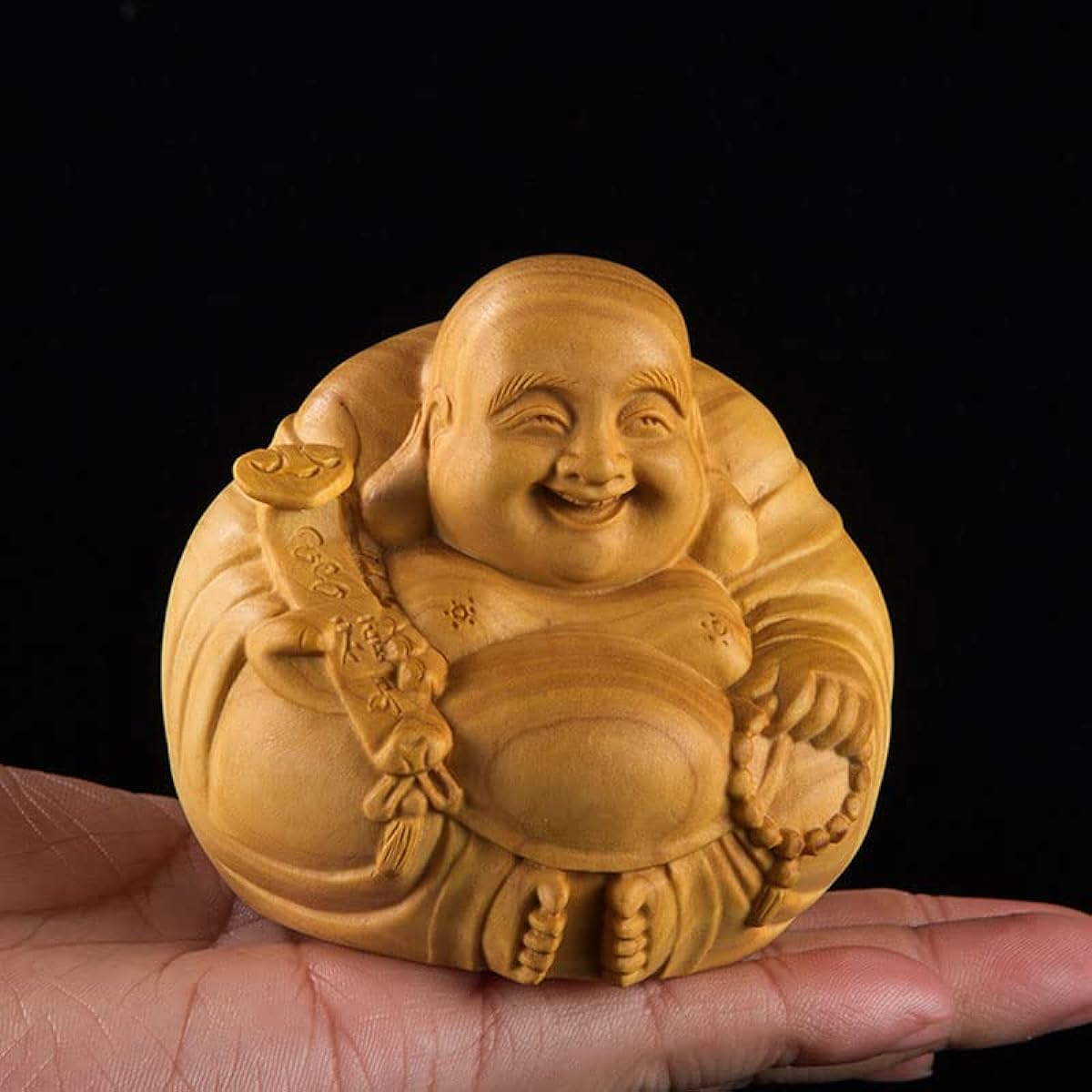 Buddha Statue Wood Carving Mini Seven Lucky Gods Hotei Ornament High Quality Boxwood Wood Carving Wooden Carving Money Luck Amulet (Width 7cm)
