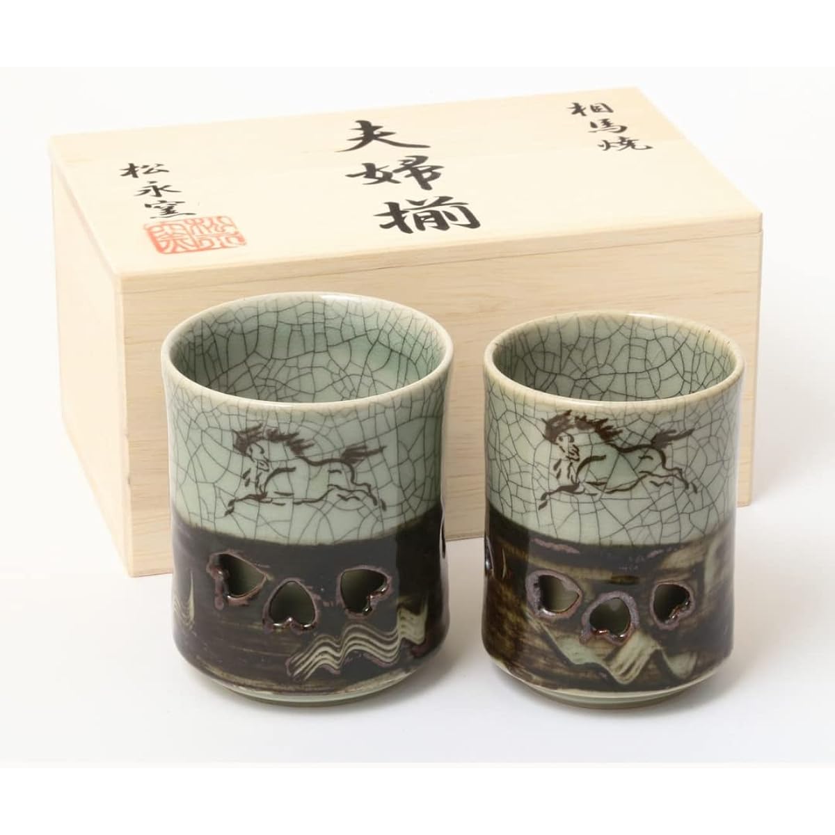 Ohori Soma ware, Matsunaga kiln, wooden box, couple's double teacup (blue crack, 2.2 inches), same size set, stylish teacup, large pair, teacup, double, heat retention, 60th birthday celebration