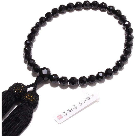 Nenjudo <Japanese Prayer Beads> Women's Luxury Natural Stone Black Onyx 48-sided Cut Handmade Prayer Beads Pure Silk Tassel (100% Silk) Domestic Prayer Beads that Can Be Used by All Sects [Long-established Prayer Bead Manufacturer Founded Over 80 Years]