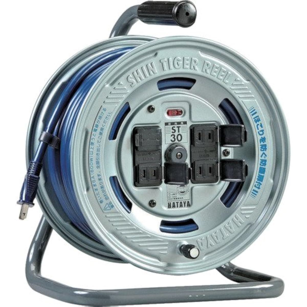 HATAYA Cord Reel, Indoor 100V Type, Cord 30m, Thickness 2.0㎟, Standard Type, 4 Outlets, Outlet with Dustproof Door, Built-in Pilot Lamp, For Home Use, Factory Use, Construction Sites, Shin Tiger Reel, Navy Blue ST-30