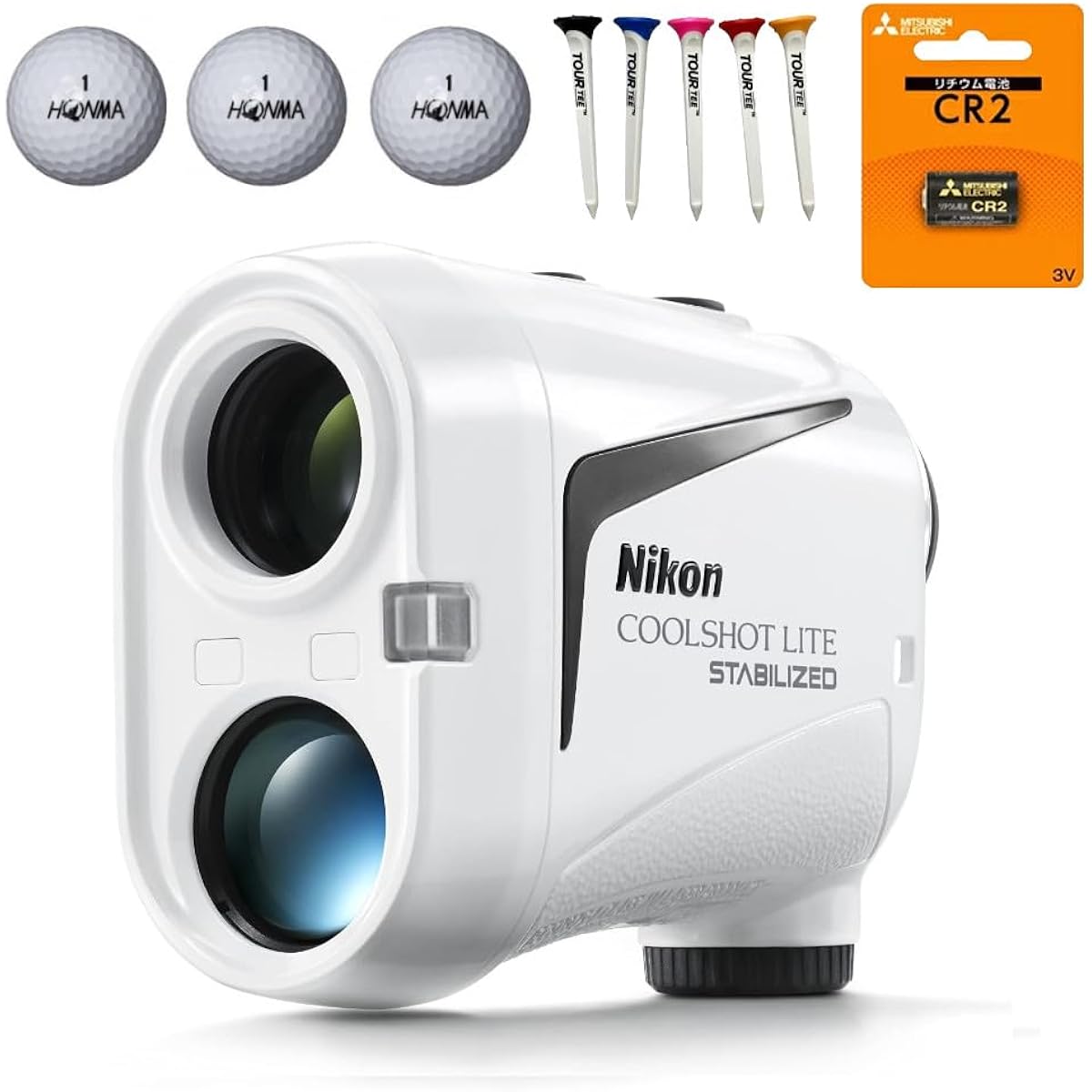 Nikon Golf Laser Distance Meter COOLSHOT LITE STABILIZED & Honma Golf Golf Ball D1 White 3 pieces & Tour Tee T-495 80mm 5 pieces & Battery CR-2