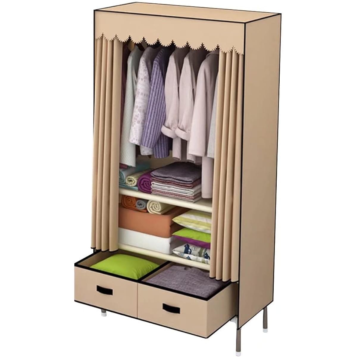 SUKIZUKI Wardrobe with Cover, Wide Hanger, Hanger Rack, Cover with Drawer, Waterproof, Dustproof, Stainproof, Width 82 x Depth 45 x Height 168 cm (Khaki Color)