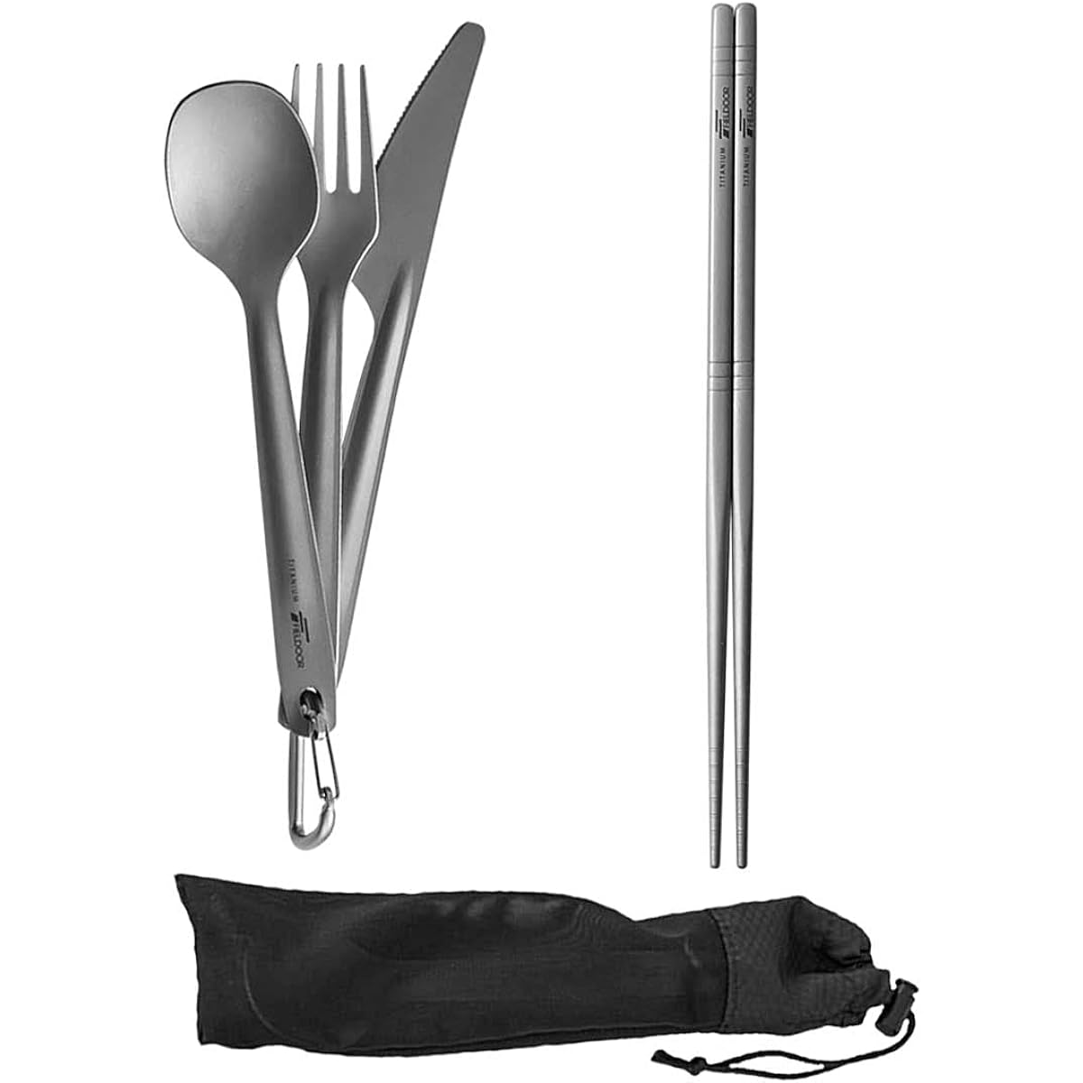 FIELDOOR Titanium Cutlery 4 Piece Set Camping Tableware Cooker Chopsticks Fork Spoon Knife Storage Bag with Carabiner Compact Lightweight Portable Outdoor Camping Barbecue Mountain Climbing Daily Use