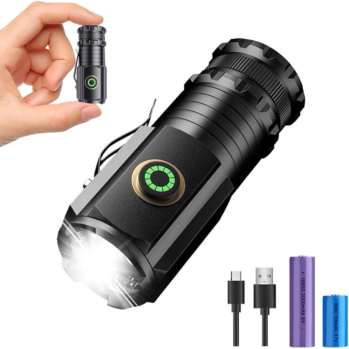 Flashlight (2024 New Release), Includes 2 18650/18350 Batteries, 3 LED Lights, 3 Times High Brightness, Adjustable Length, Portable Clip, Outdoor Headlamp, Small, Lightweight, Type-C Rechargeable,
