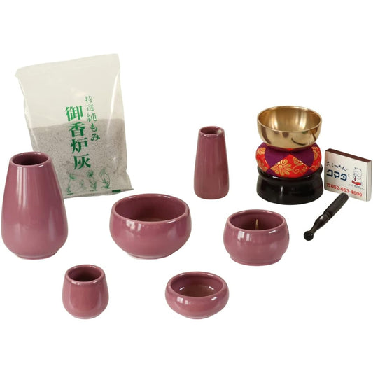 Naamu Kuma-chan Workshop Buddhist altar set, 6 pieces of pottery + orin set, incense burner with ash, for modern mini altars, maple, purple