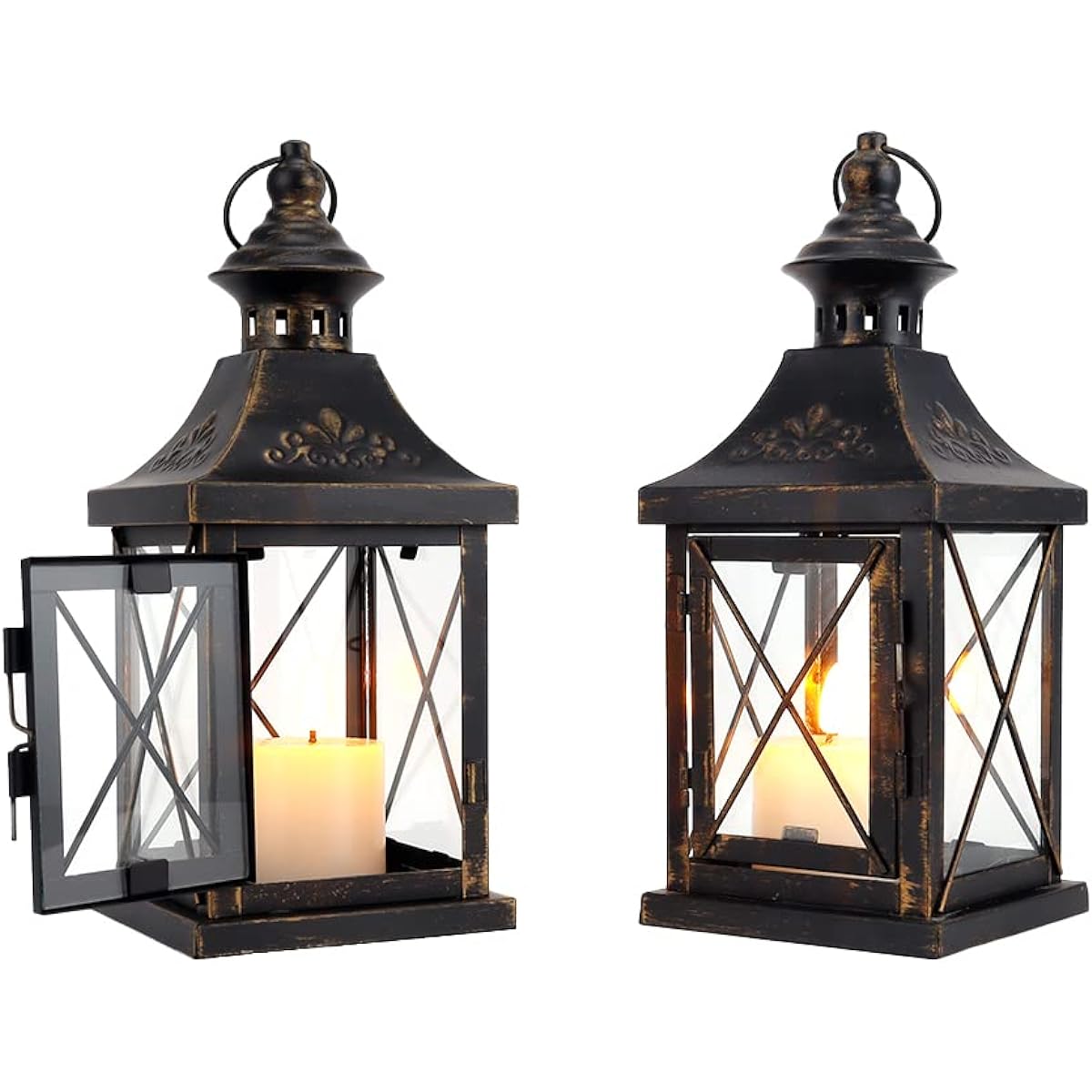TRIROCKS Set of 2 Candle Holders Height 27cm Metal Candle Lantern Antique Lantern with Heat Resistant Glass Retro Style Stylish Indirect Lighting Gift for Weddings, Birthdays, Moving, Christmas, etc. Interior Design for Rooms, Bars, Offices, Indoors, Out