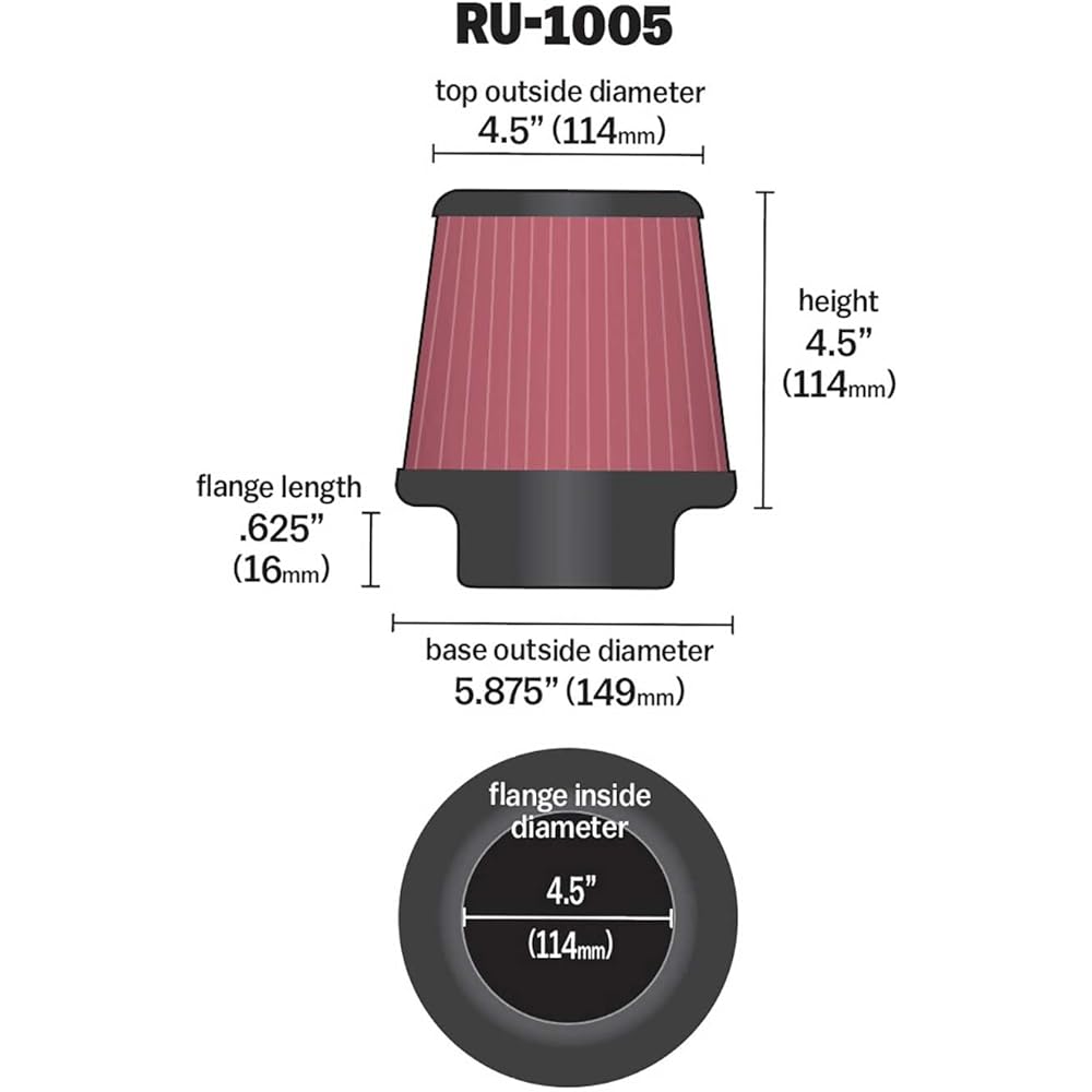 K & N Universal Lump On Air Intake Filter: High performance, Premium Washing, replacement Filter: Flange Diameter: 4.5 inch, Filter height: 4.5 inches, flange length: 0.625 inches, shape: Round Tapard, RU-1005, RU-1005
