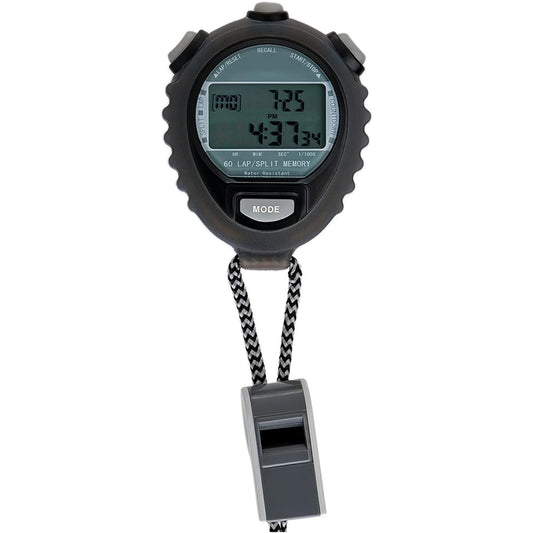 CREPHA Stopwatch, Silent, Waterproof, with Clock Function, Countdown Timer, Lap Time, Split Time Measurement, Strap Included, Black