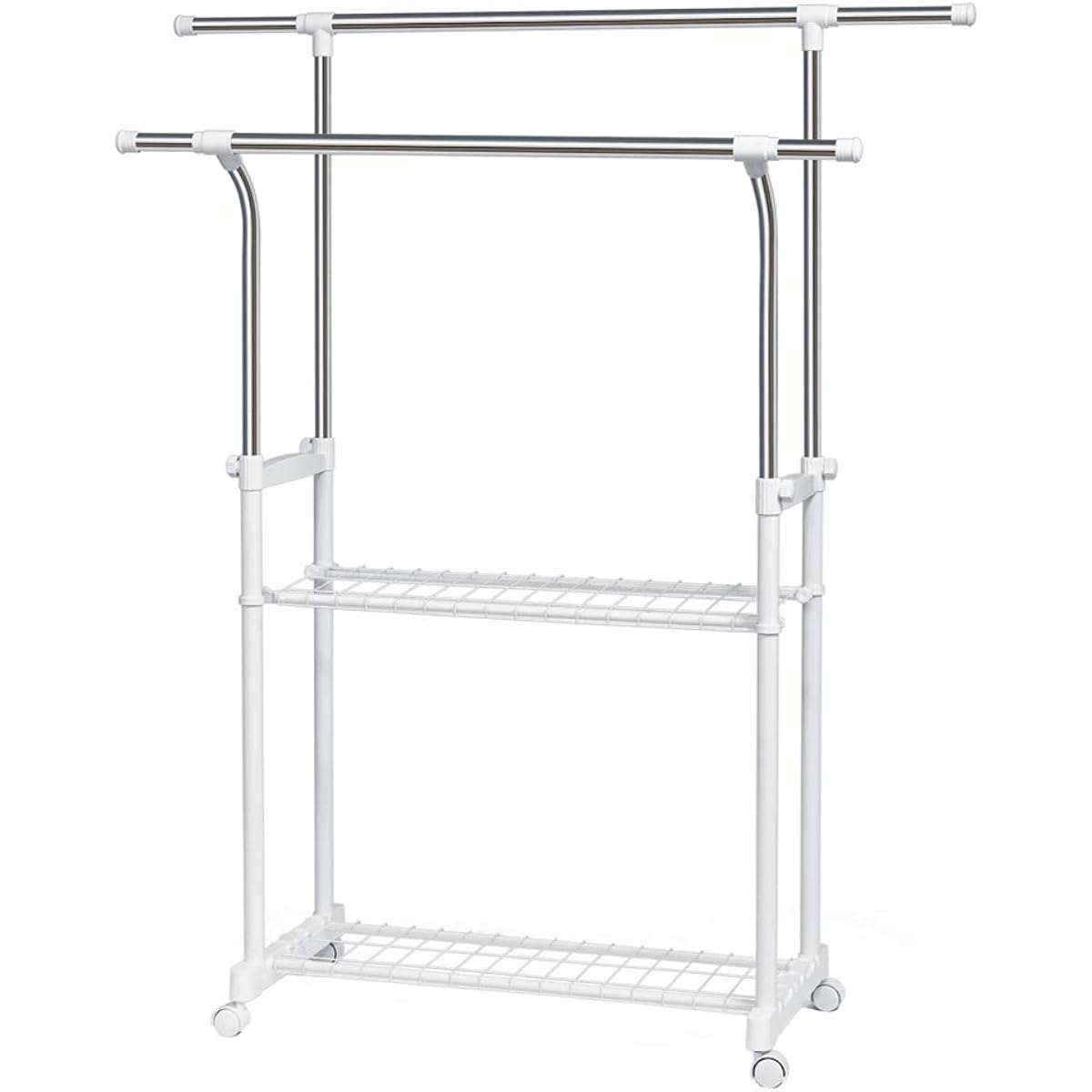 Double Hanger Rack Pipe Hanger Stainless Steel Thick Pipe with Casters and Net Vertical and Horizontal Expandable Type Width 90~155 x Depth 43 x Height 95~160cm Load Capacity 50kg YJ-SC002