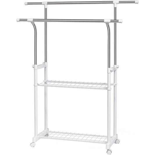 Double Hanger Rack Pipe Hanger Stainless Steel Thick Pipe with Casters and Net Vertical and Horizontal Expandable Type Width 90~155 x Depth 43 x Height 95~160cm Load Capacity 50kg YJ-SC002