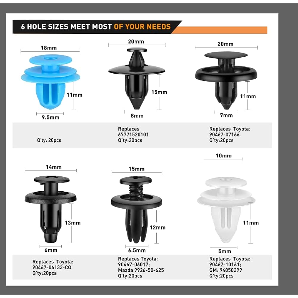 GOOACC 120PCS Car Bumper Retainer Clips & Nylon Fasteners Rivet Kit Door Trim Panel Clips Bumper Push Rivet Clips for Toyota 6mm 6.5mm 7mm 8mm 9.5mm 9.8mm, 1PC Fastener Remover