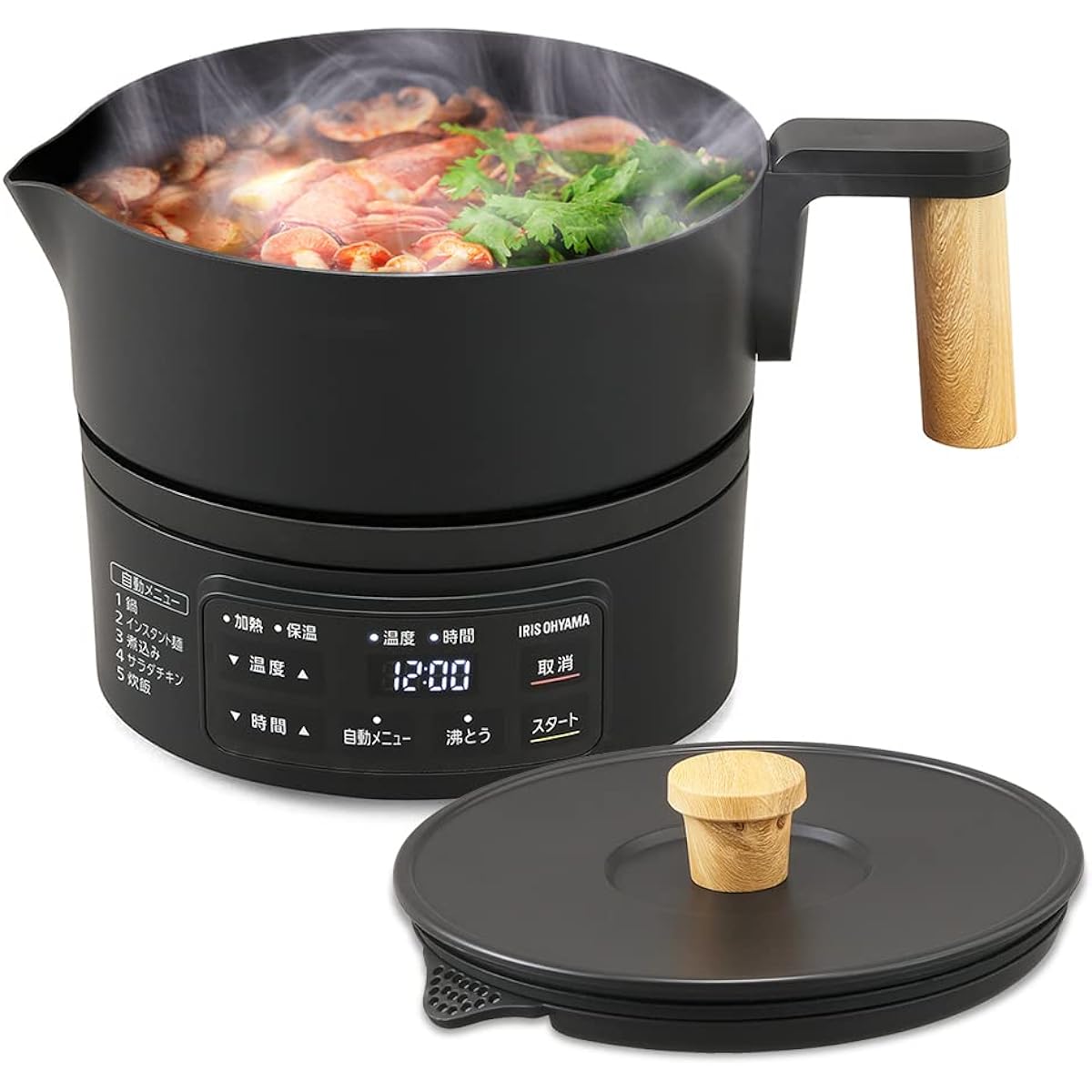 Iris Ohyama Cooking Kettle for Living Alone Single Pot Ramen Fully Washable With Hot Drain Function Temperature Adjustment 40℃~100℃ 1L ICK-M1200-B Black Power Saving Measures