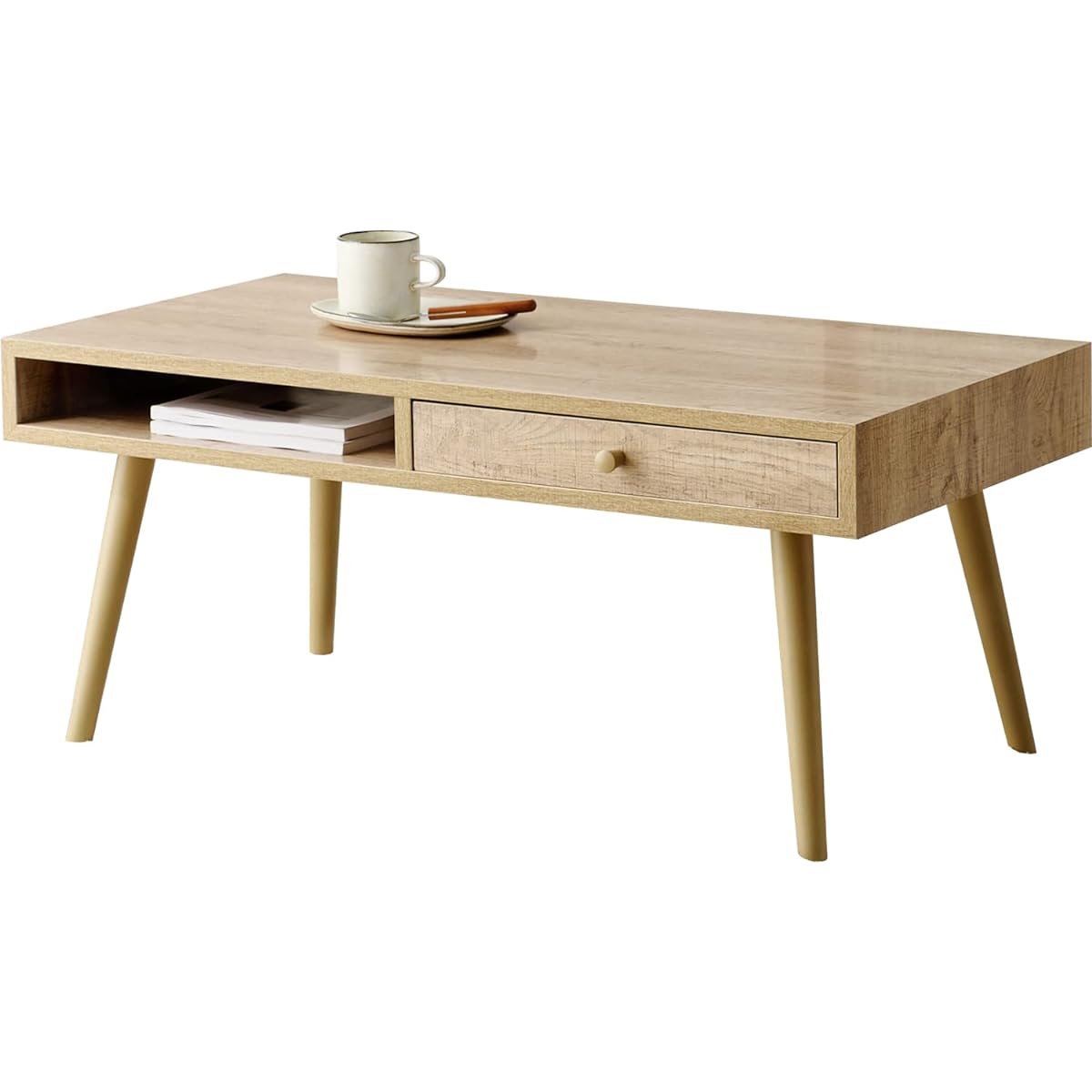Hagiwara Low Table Center Table Desk [Stylish Wood Grain Top] With Drawer Double Puller Lightweight Vintage Living Room Sofa Table Width 80 x Depth 40 x Height 36.5 Natural MT-6475NA