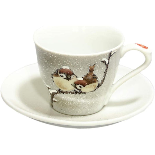Toshito Nakamura Kutani ware coffee cup and saucer snow sparrow illustration porcelain made in Japan