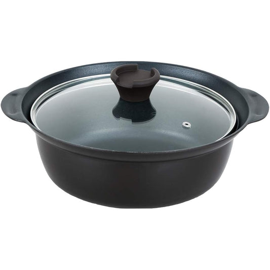 Takeda Corporation [For 3 to 4 people, treated with fluorine resin, comes with a glass lid that can hold chopsticks and a ladle] Black, 24 x 24 x 9.5 cm, IH compatible, lightweight, non-boiling tabletop pot, 24 cm, IHKFT-24