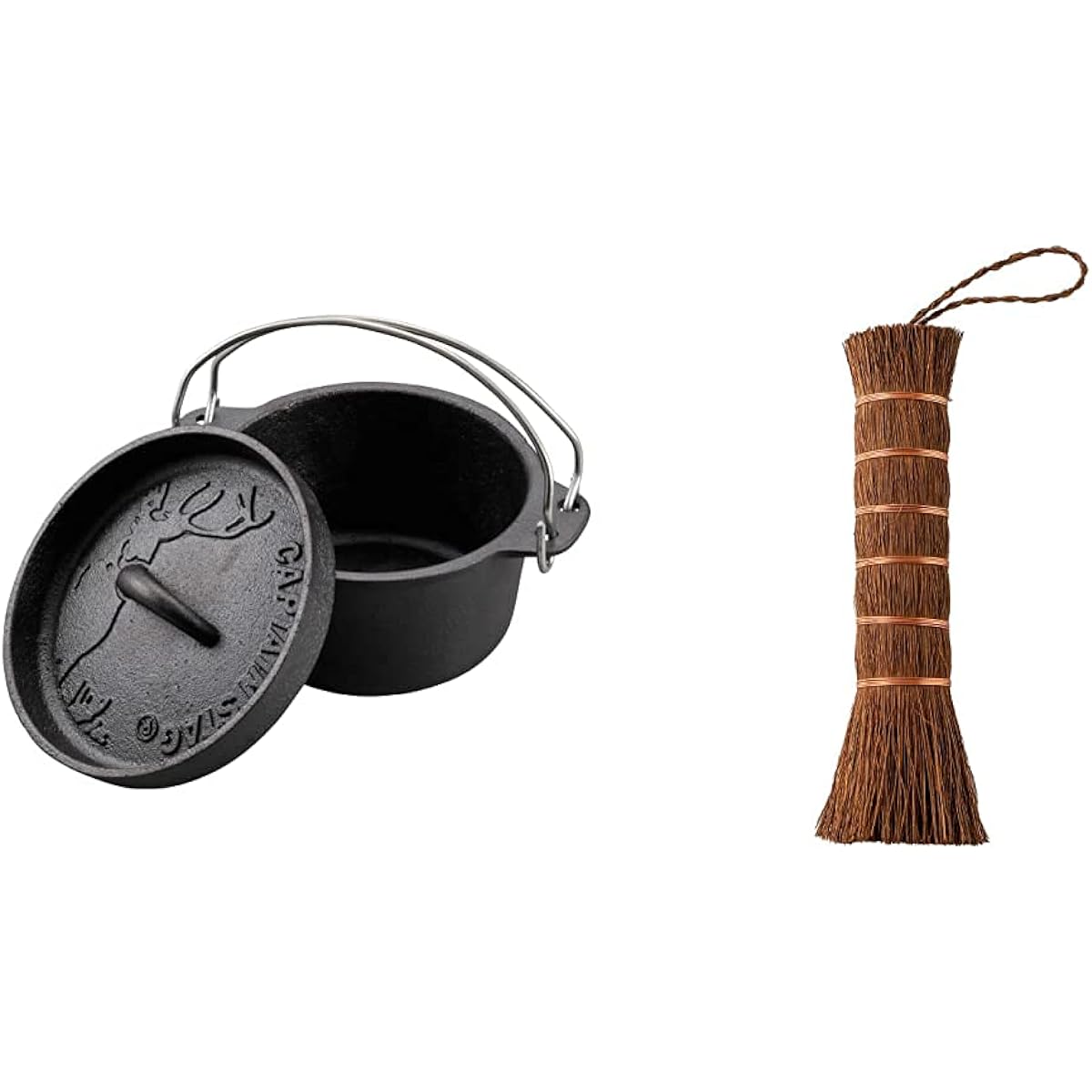 [Set Purchase] Captain Stag Camping Barbecue Dutch Oven Iron Cast Iron No Seasoning Required + OKA Nigiri Bunko Palm Scrubber (Frying Pan Cleaning) Brown Approx. 4cm x 4cm x 17cm