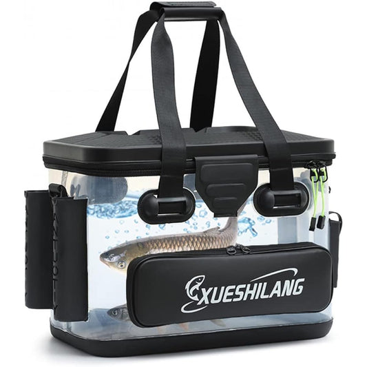 ONORNER Fishing Bucket, Transparent Water Bucket, Tackle Bag, Bucket with Rod Holder, Fishing Box for Fish Observation, Multifunctional, Large Capacity, EVA Material, Lid Included, Pliers Holder Included (Transparent, 37cm)