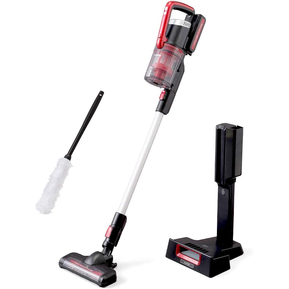 Iris Ohyama Vacuum Cleaner Cordless Handy Cyclone Stick Cleaner with Electrostatic Mop and Stand Strong Suction Lightweight Power Head with LED Light Manufacturer's Warranty Included Dust Cup Washable 2WAY Gap Nozzle Red IC-SLDCP10-R