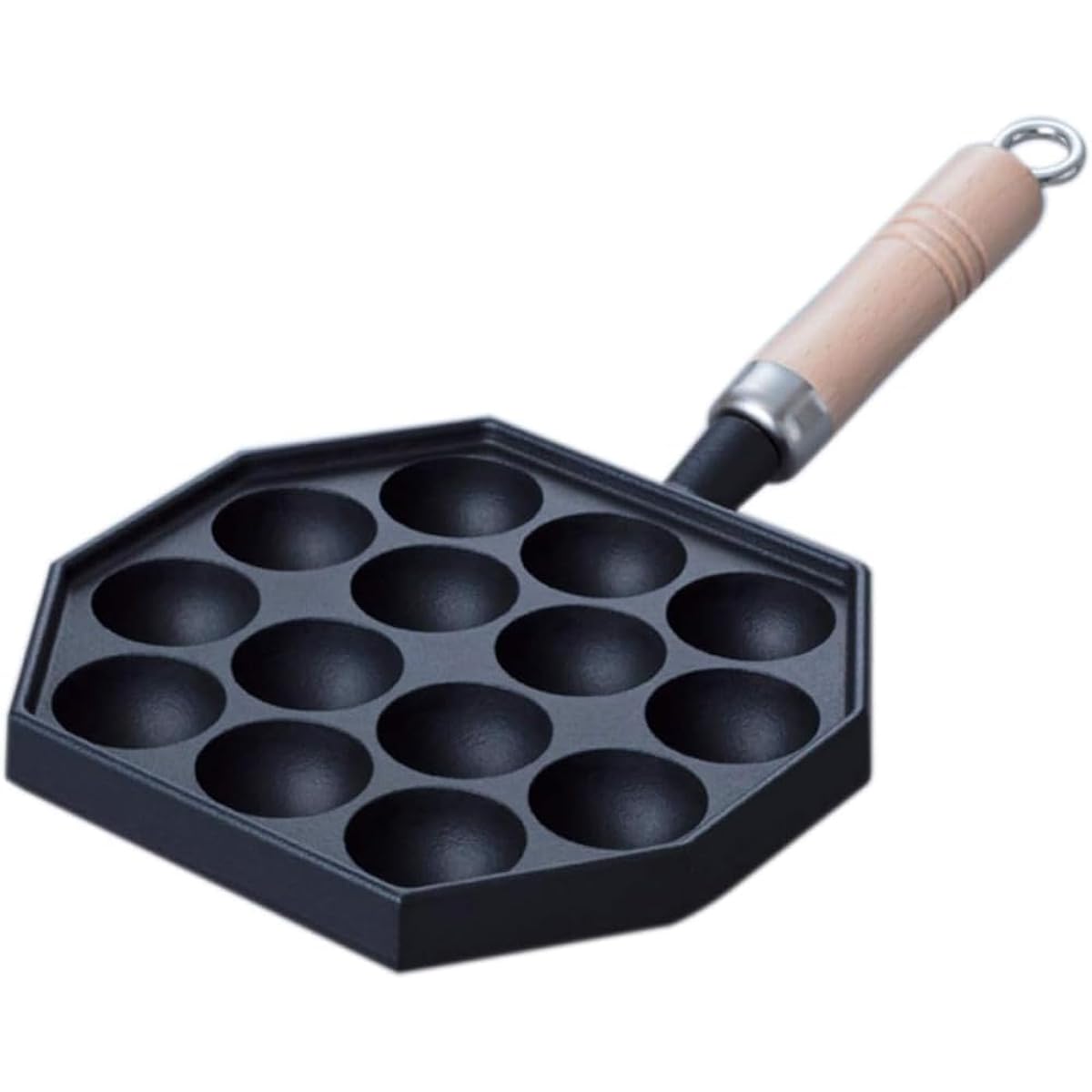 Iwachu Takoyaki 14 holes (with wooden handle) IH compatible Hole diameter: approx. 4cm Nanbu Ironware 90033 Black