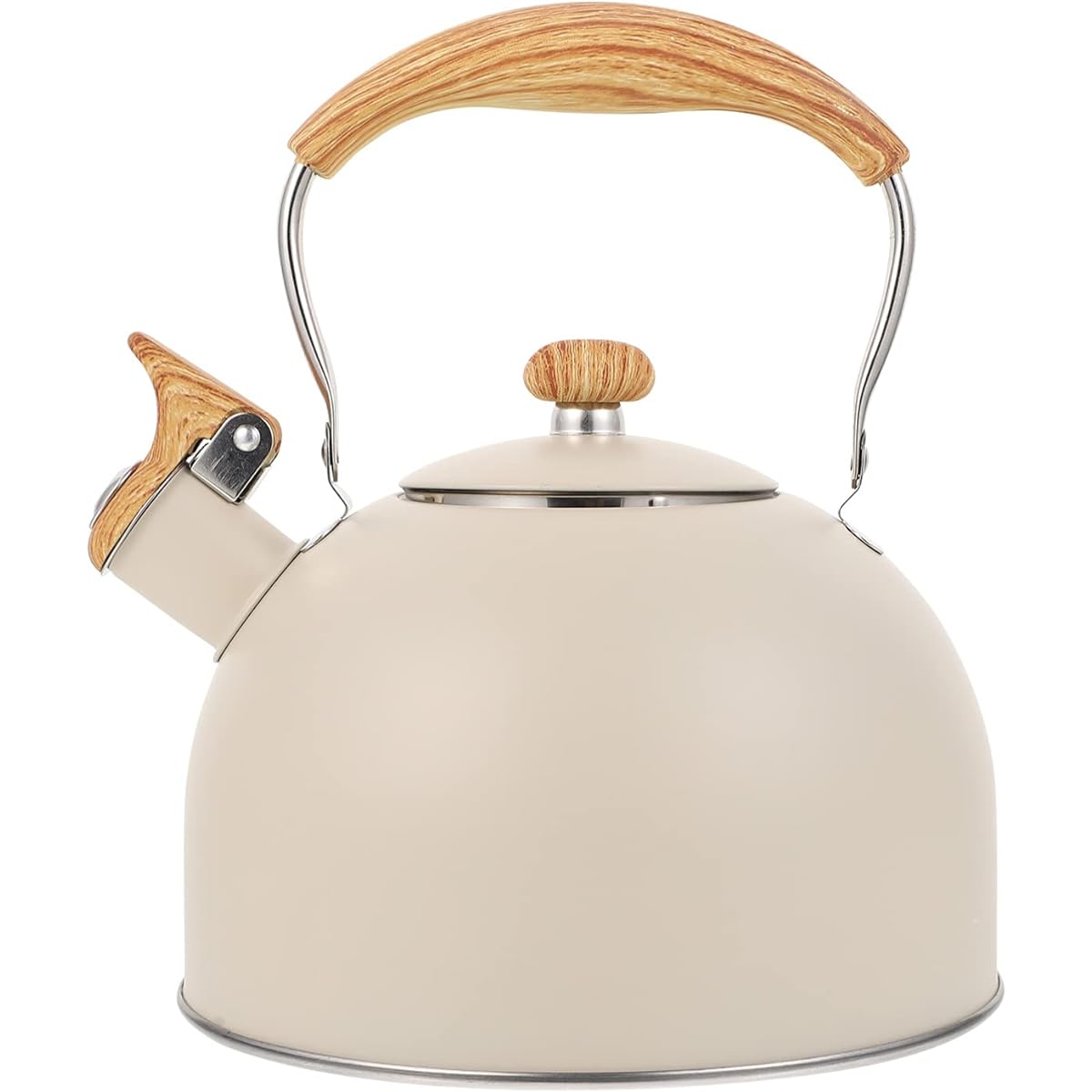 OUNONA Kettle, Whistling Kettle, 2.5L, Kettle, Large Capacity, IH Compatible, Stylish, Wood Grain Handle, Stainless Steel, Scandinavian Style, Wide Mouth, Family Use, Gas Stove, Cute Cooking Utensil, Beige