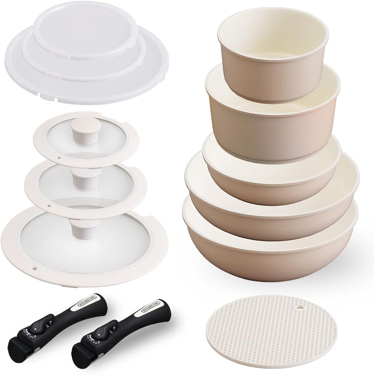 [Time-saving and energy-saving] Iris Ohyama 13-piece frying pan and pot set with removable handles, compatible with IH gas fire, 26cm 20cm, compact storage, lightweight, ceramic color pan, beige CC-SE13N