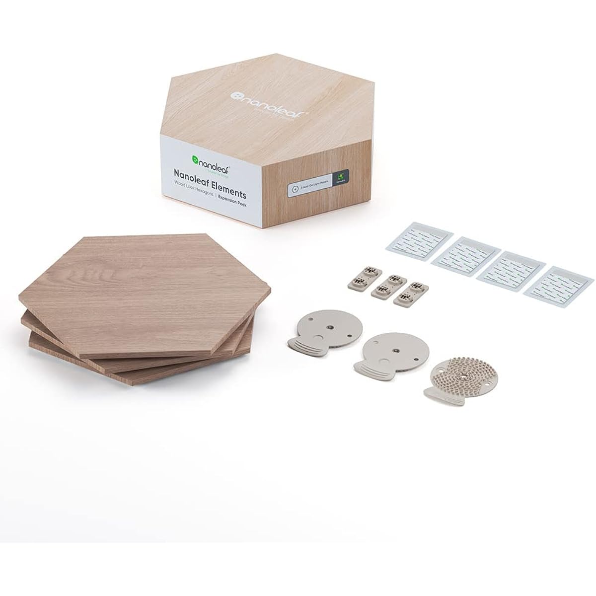Nanoleaf Elements Hexagon 3-piece Expansion Pack Smart Light Wood Grain Interior Lighting LED Light Compatible with Light Bulb Color and Daylight White Dimmable Hexagonal Wall Mounted Light Easy Installation Compatible with Alexa / Google Home / HomeKit