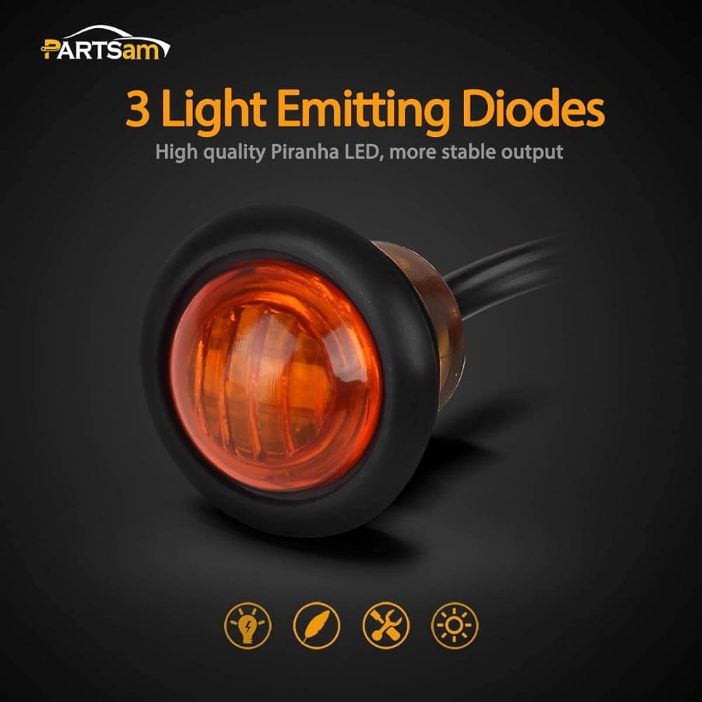 PARTSAM 10 pieces 3/4 inch round Amber trailer LED marker light 3 Wire Winker Light Clear Light Glomet Mount Pickup Track Troller Truck Side Marker Light sealed waterproof 12V