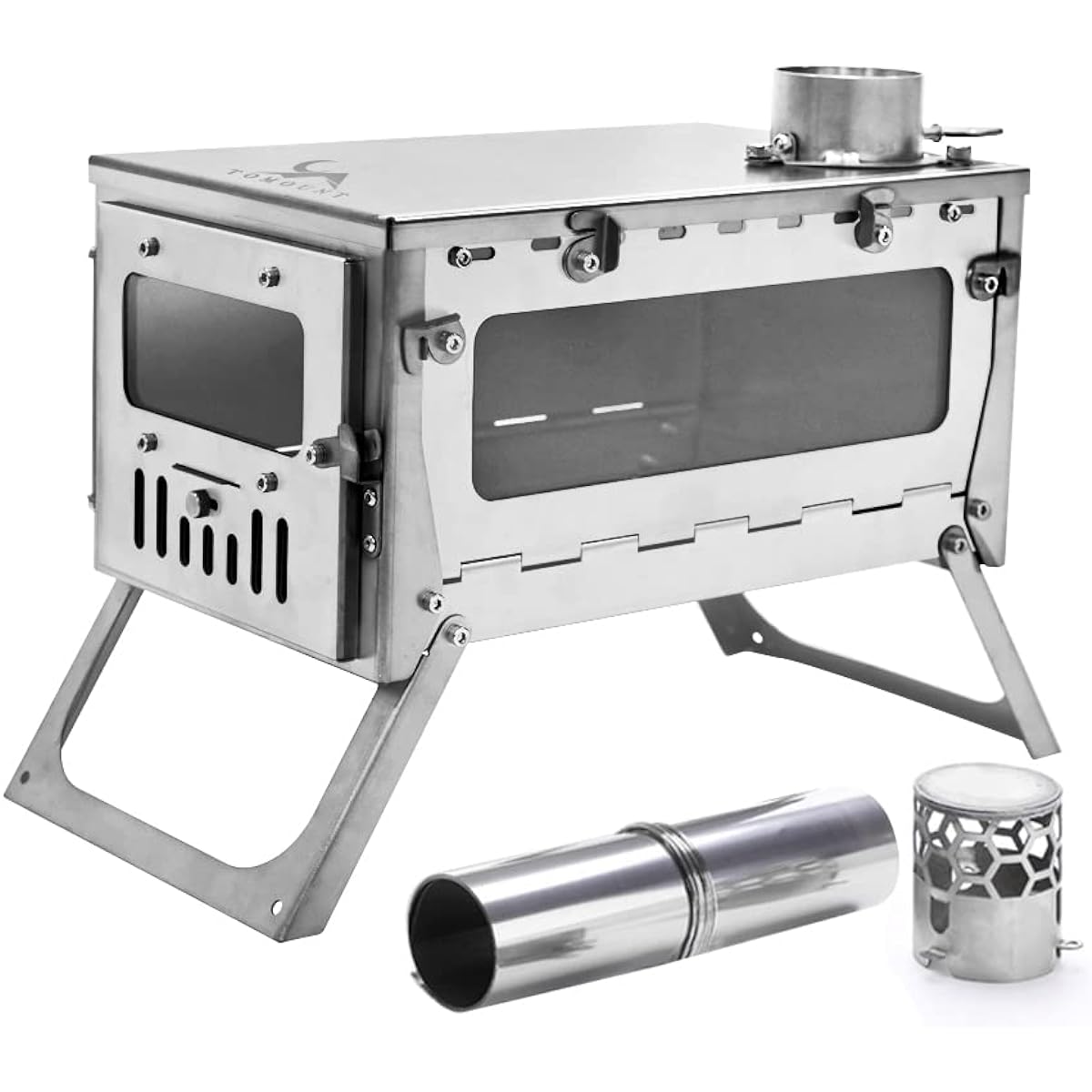TOMOUNT Titanium Wood Stove, Foldable, For Solo Camping, 1mm Thick, Ultra Lightweight, Secondary Combustion Titanium Stove, 2M, with Chimney, Compact, Folding Stove, Storage Bag Included