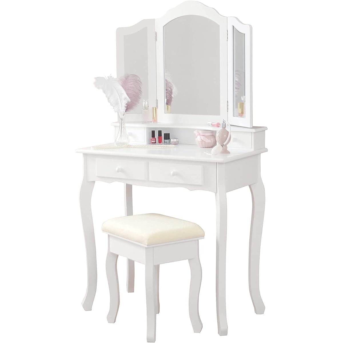 Hagihara Dresser Three-sided Mirror Vanity Table MD-6568WH [With Stool] Elegant Princess White