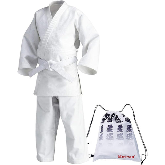 [Muenan] Pure Cotton Judo Gi, Top and Bottom Set, Obi Set, For Classes, Judo Gi, Children, Judo Gi, Junior High School Students, Classes, Judo Gi, Children's Judo Gi, High School Students, Judo Gi Bag (White, 140 cm)