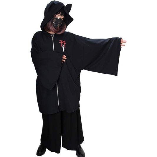 [ROSEATE] Kimono Sleeves† Visiting Fox Zip Parka, Fox Ears, Cat Ears, Long Length, Made in Japan, Men's, Women's, Japanese Pattern, Front and Back Print