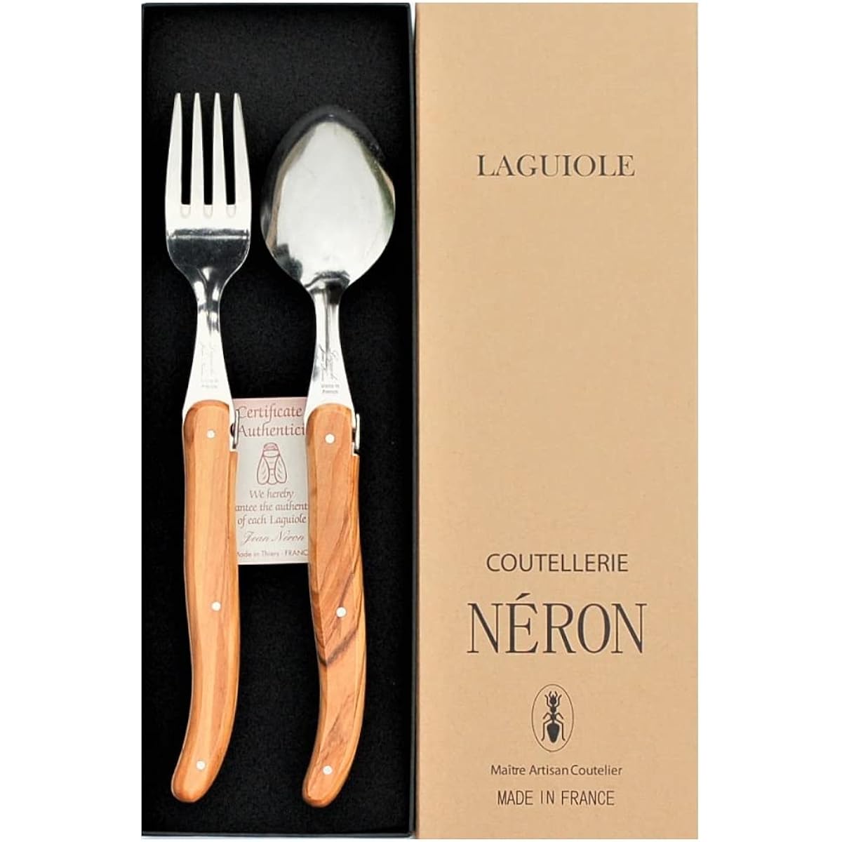 Raieur 1.5mm Spoon & Fork Natural Olive Pattern Gift Box Made in France NERON