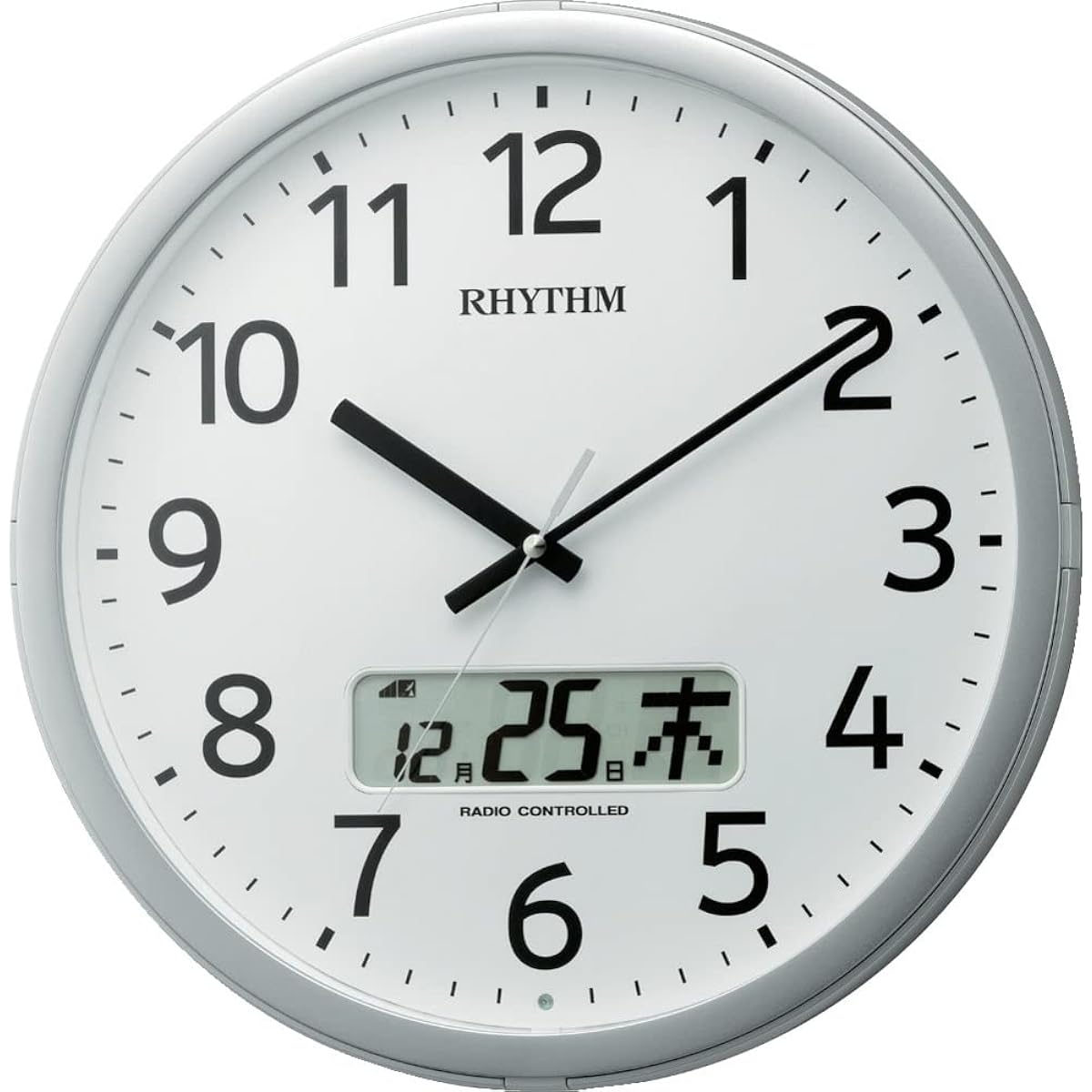 RHYTHM Wall Clock Radio Controlled Clock Office 24 Times Chime Function Time Signal Function Calendar Silver Φ35 x 5.5cm Office Supplies Factory Office Program Calendar 01SR 4FNA01SR19