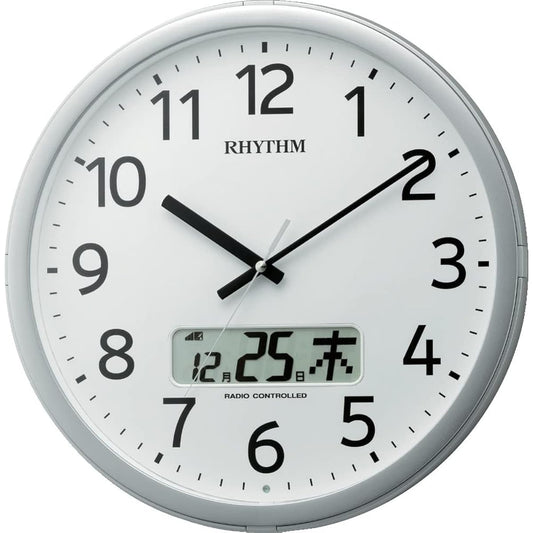 RHYTHM Wall Clock Radio Controlled Clock Office 24 Times Chime Function Time Signal Function Calendar Silver Φ35 x 5.5cm Office Supplies Factory Office Program Calendar 01SR 4FNA01SR19