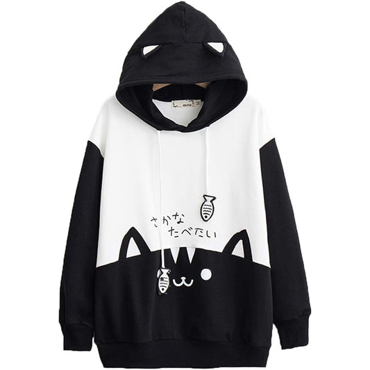 [Candy Girl] Lolita Women's Cat Ears Hoodie Sweatshirt Blouse Long Sleeve Cat Face Cute Fish String Thin Student Gray Black
