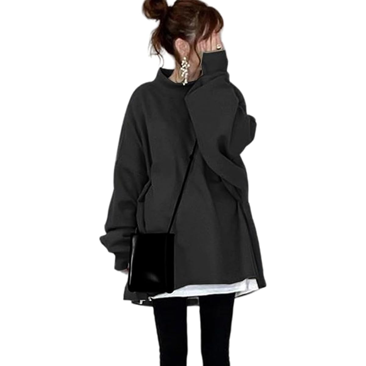 [AUSKY] High Quality Hoodie, Women's Sweatshirt, Layered Style, Long Sleeve Top, Pullover, Faux Layered, Semi-Turtleneck, Casual, Korean Fashion, Large Size, Plain, Autumn, Winter, Spring