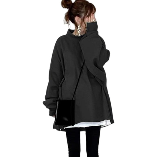 [AUSKY] High Quality Hoodie, Women's Sweatshirt, Layered Style, Long Sleeve Top, Pullover, Faux Layered, Semi-Turtleneck, Casual, Korean Fashion, Large Size, Plain, Autumn, Winter, Spring