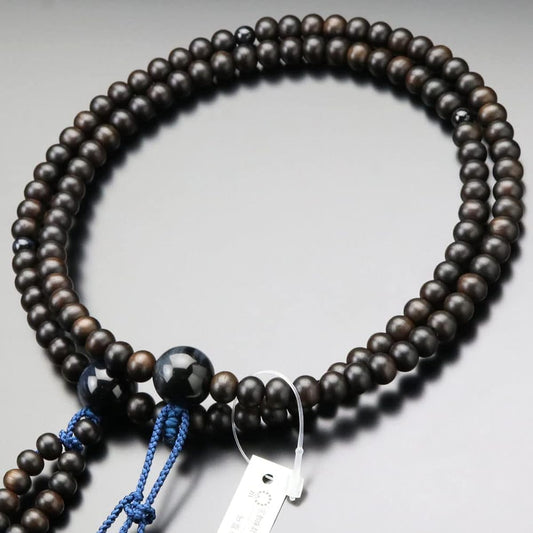 Nichiren Buddhist Prayer Beads for Men, Shakuni, Striped Ebony (Matte), Blue Tiger Eye Stone, Sanskrit Tenbou [Authentic Prayer Beads, Kyoto Prayer Beads, Kyoto 108 Beads, 2 Shakus, Hawk Eye, Blue Tiger Eye, Tiger Eye Stone, Lotus, My Prayer Beads 200030