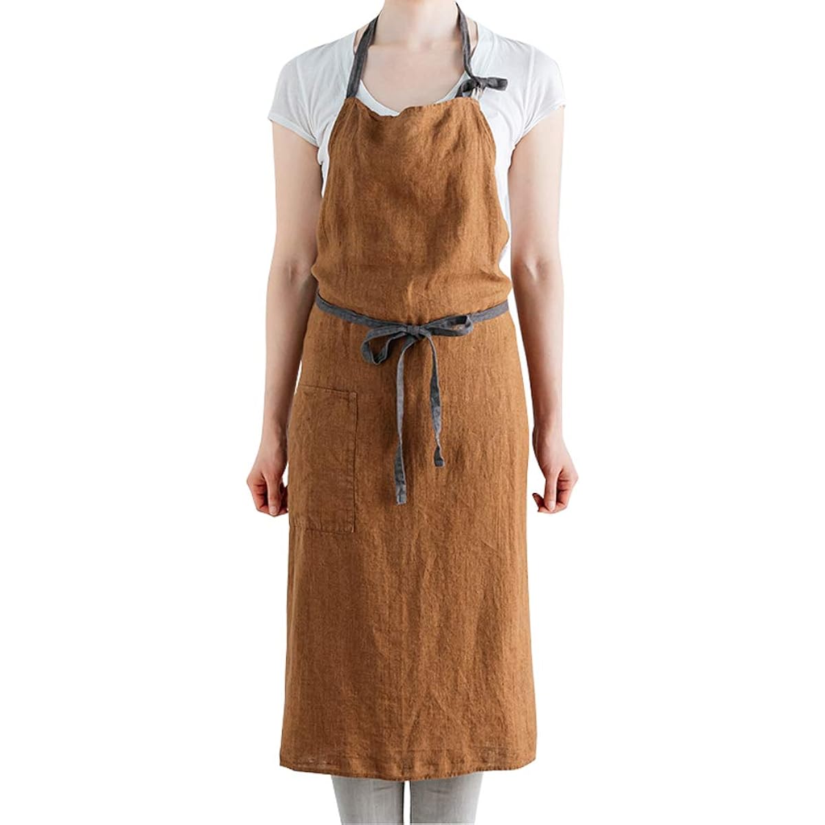 Linen full apron Manon <Brown ocher> A325 [Lino e Lina/Lino e Lina]