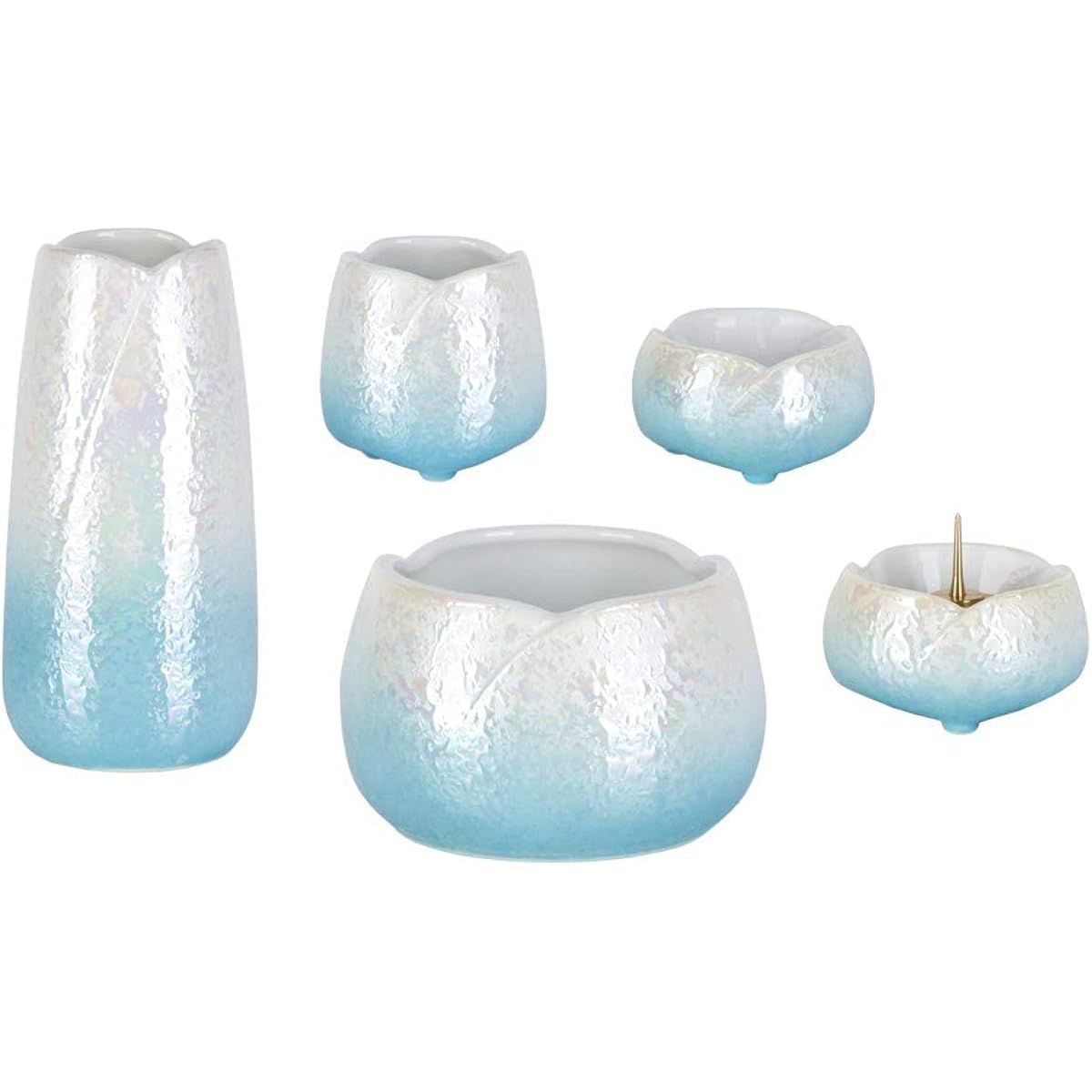 Buddhist altar fittings set, soft luster blue, 5-piece set, 3.0 dimensions, teapot, Buddhist rice bowl, flower stand, incense burner, lantern set, stylish, Buddhist altar fittings set, stylish, mini, small, modern