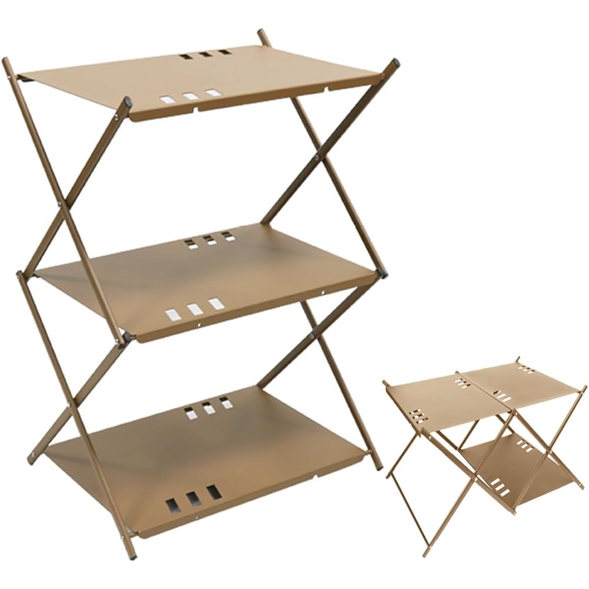 Camping rack, outdoor rack, camping table, 2-way camping shelf, aluminum, lightweight, 3-tier rack, foldable, with storage bag, khaki